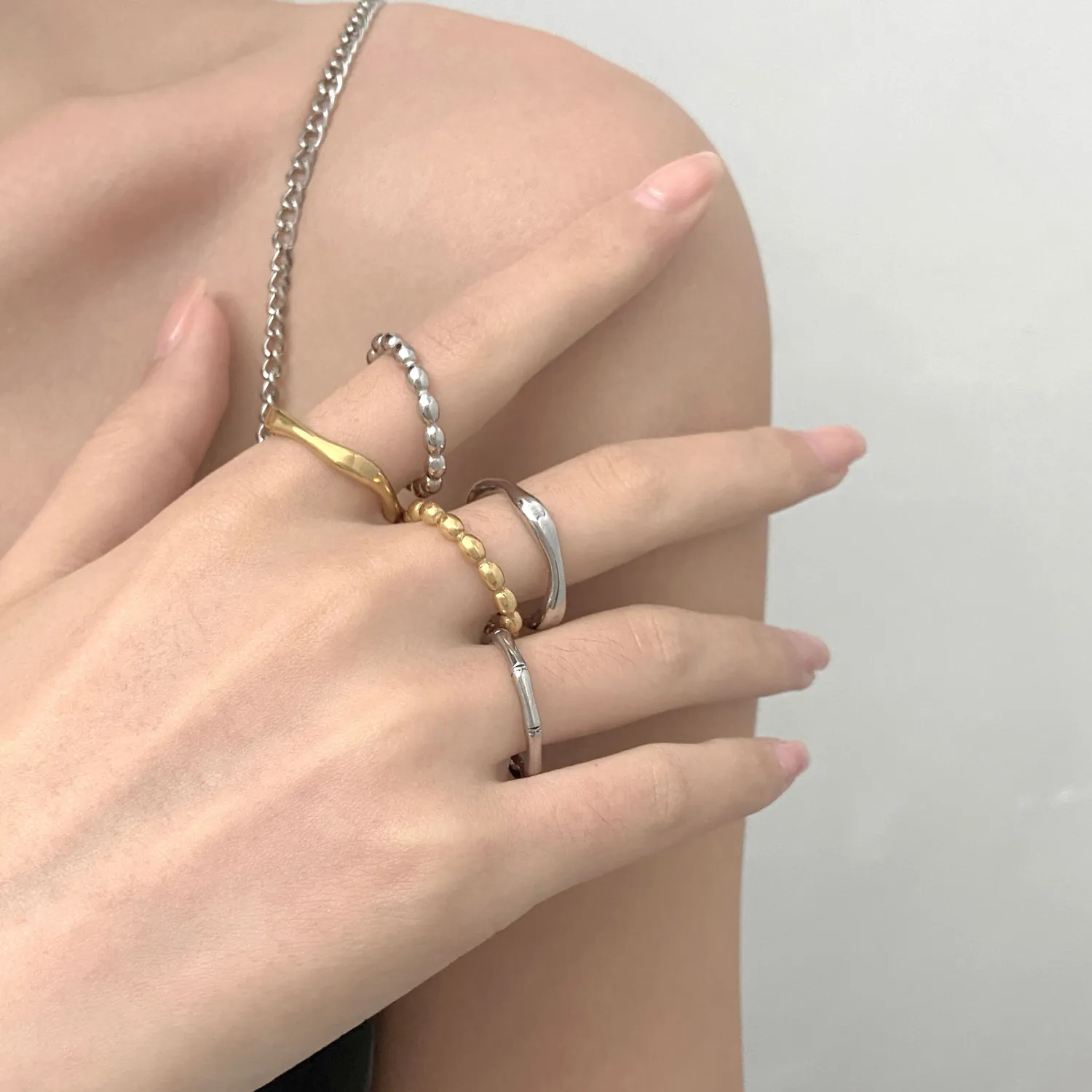 Geometric Rings Stainless Steel Minimalist Bamboo Beaded Irregular Wave Fashion Jewelry For Women