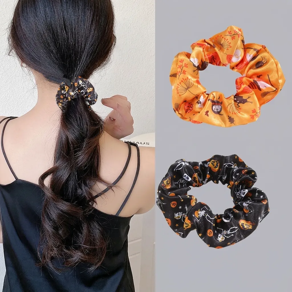 Halloween Scrunchies Satin Polyester Hair Ties Pumpkin Ghost Skeleton Print Retro Elastic Ponytail Holder Party Decor