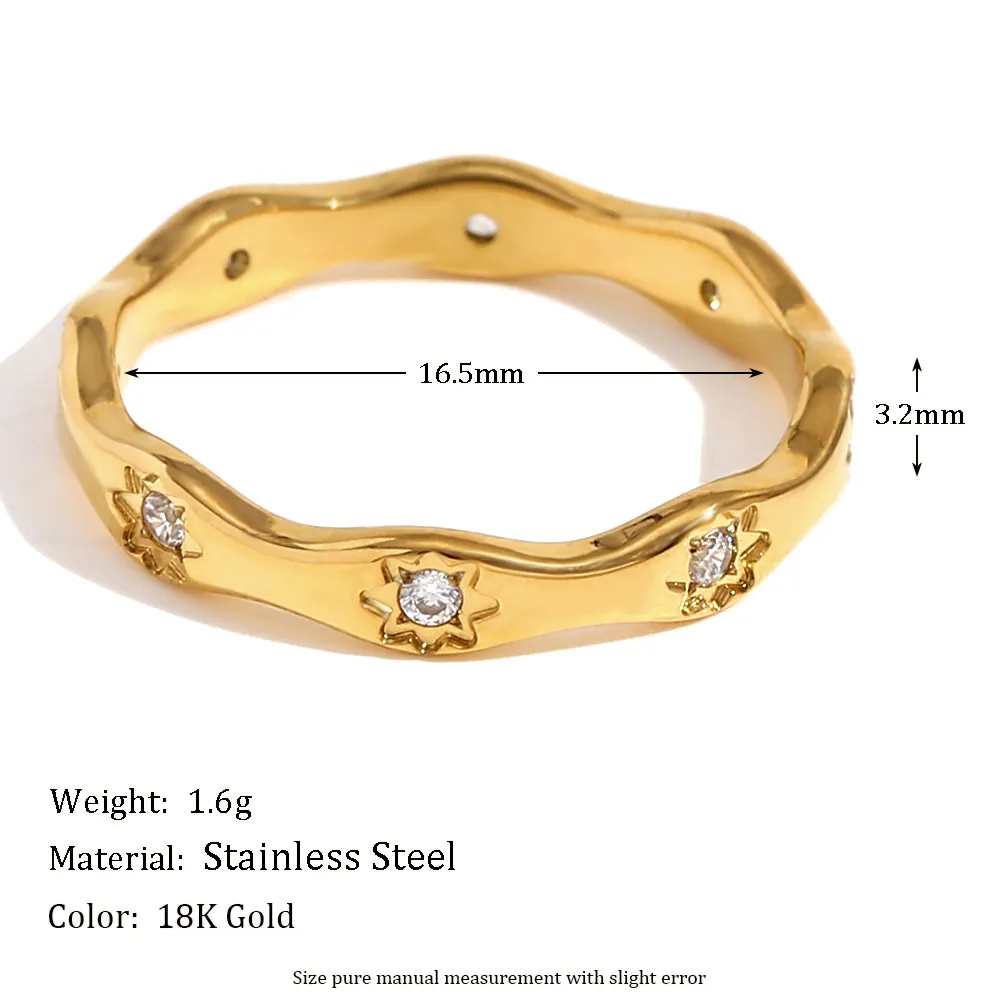 Wavy Star Ring 18K Vergoldeter Edelstahl Mit Weißem Zirkonia Minimalistischer Eleganter Schmuck Für Damen