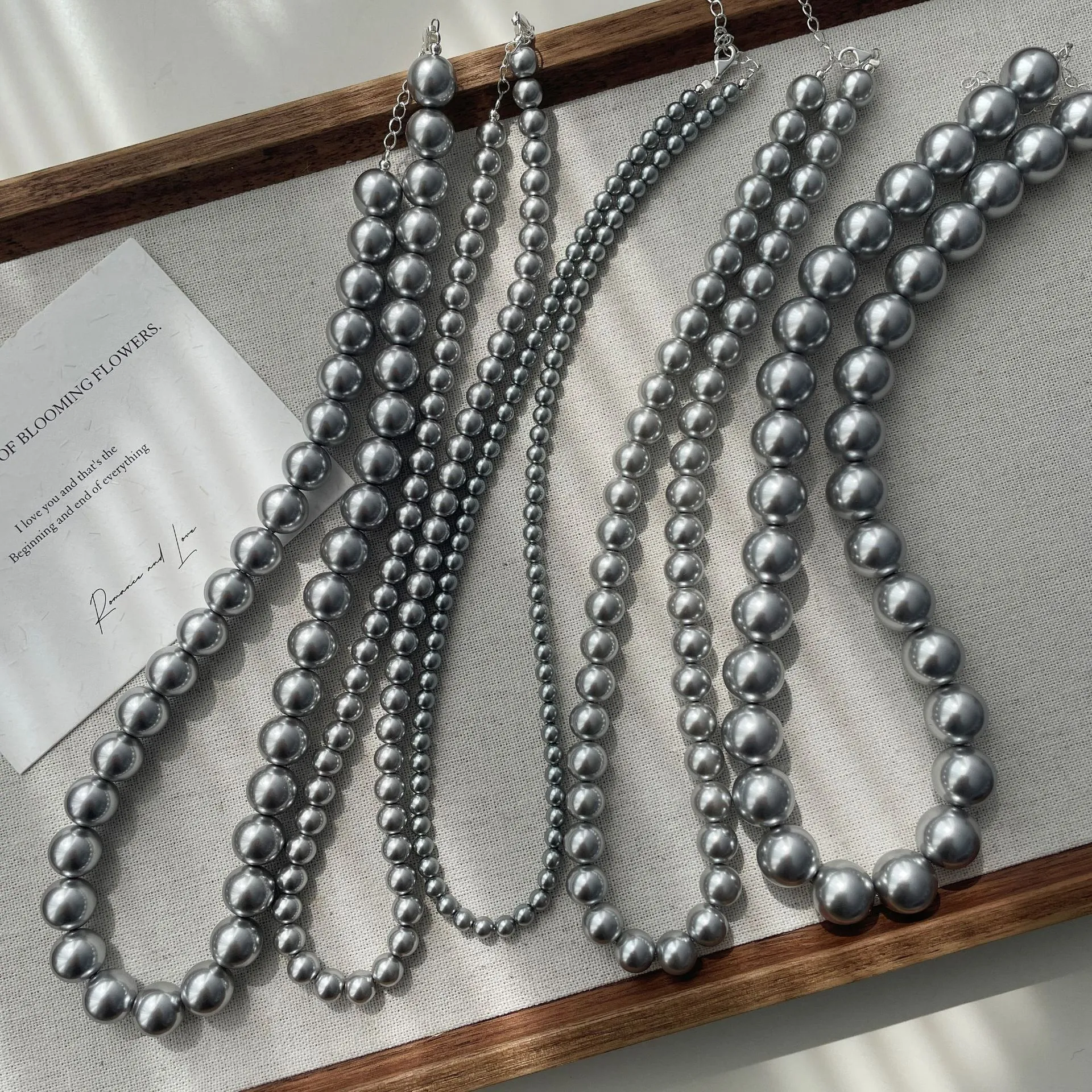 Grey Glass Artificial Pearl Necklace French Retro Elegant Clavicle Chain Stainless Steel Handmade Jewelry For Women Girls