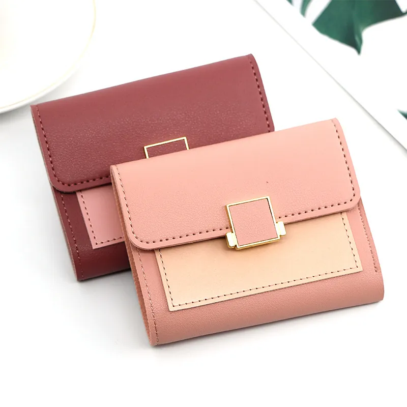 Portefeuille Femme Court Cuir PU Bloc De Couleur Porte Carte Boucle Métallique Portable Simple Pliable