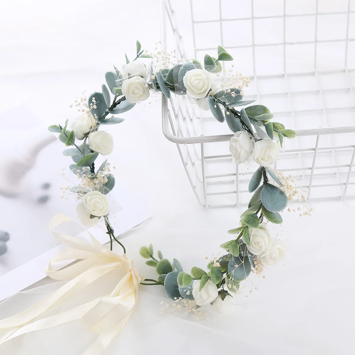 Adjustable White Rose Flower Crown Headband With Eucalyptus Leaves And Ribbon For Wedding Bridal Bridesmaid Party Natural Style