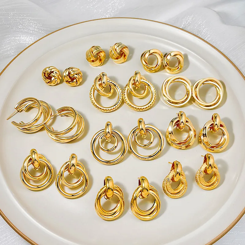 Gold Tone Geometric Stud Hoop Earrings For Women Iron Fashion Jewelry With Stainless Steel Earring Post Vintage Design