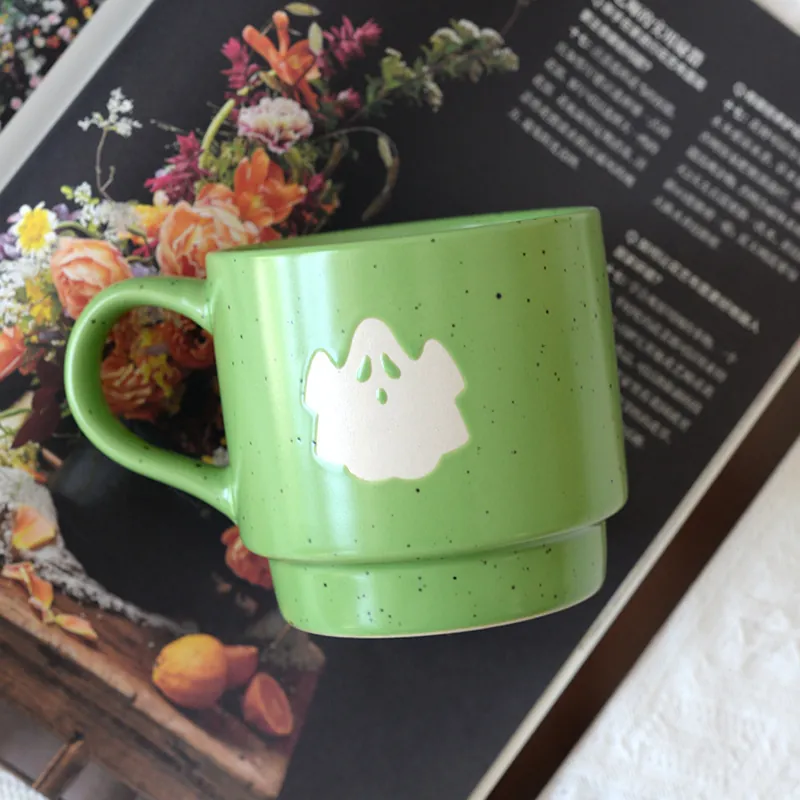 Halloween Ceramic Mug Stackable Coffee Cup Cartoon Ghost Pumpkin Skull Spider Pattern Speckled Glaze Cute Party Drinkware