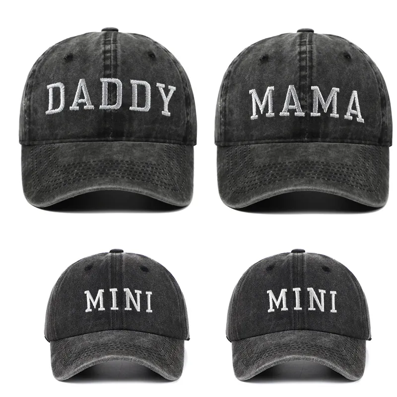 Washed Cotton Baseball Cap Vintage Distressed Daddy Mama Mini Embroidery Adjustable Sun Protection Family Matching Hat