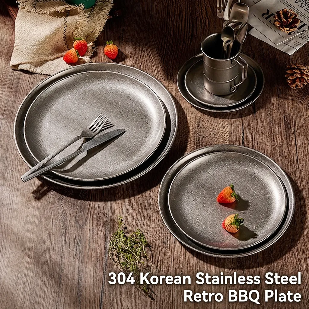 Stainless Steel Round Plate 304 Vintage Industrial Style Snowflake Grey Matte Texture Durable Tableware Dinnerware