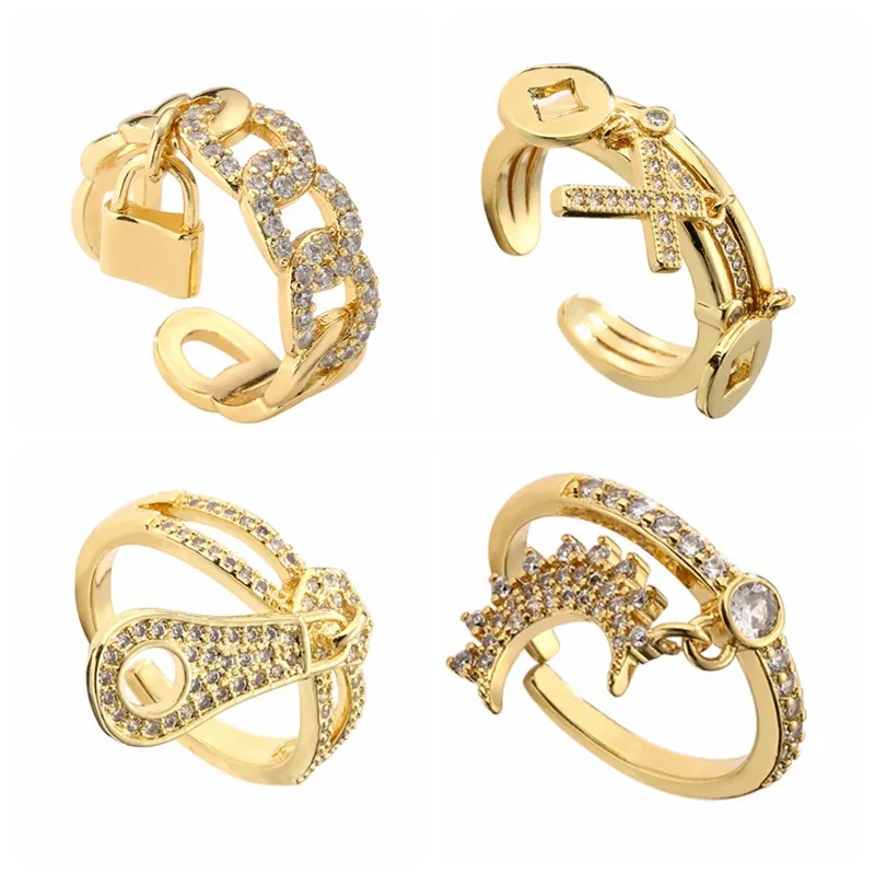 Fashion Copper Open Ring With Cubic Zirconia Cross Lock Star Moon Charms Adjustable Jewelry For Women