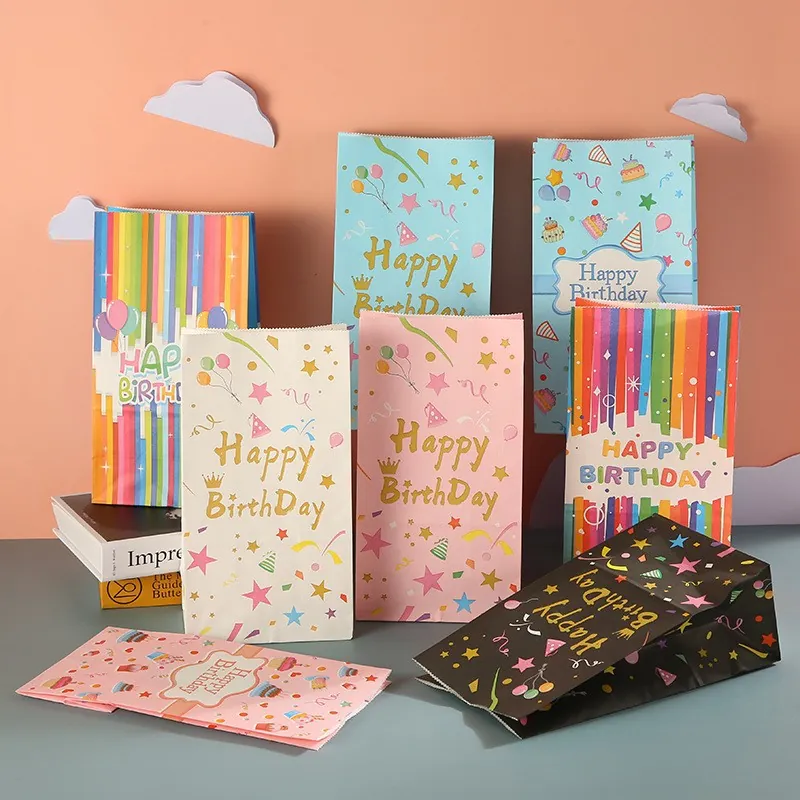 Kraft Paper Happy Birthday Gift Bags For Kids Party Favors Candy Food Treats Packaging With Balloon Star Patterns Multicolored Festive Paper Bags