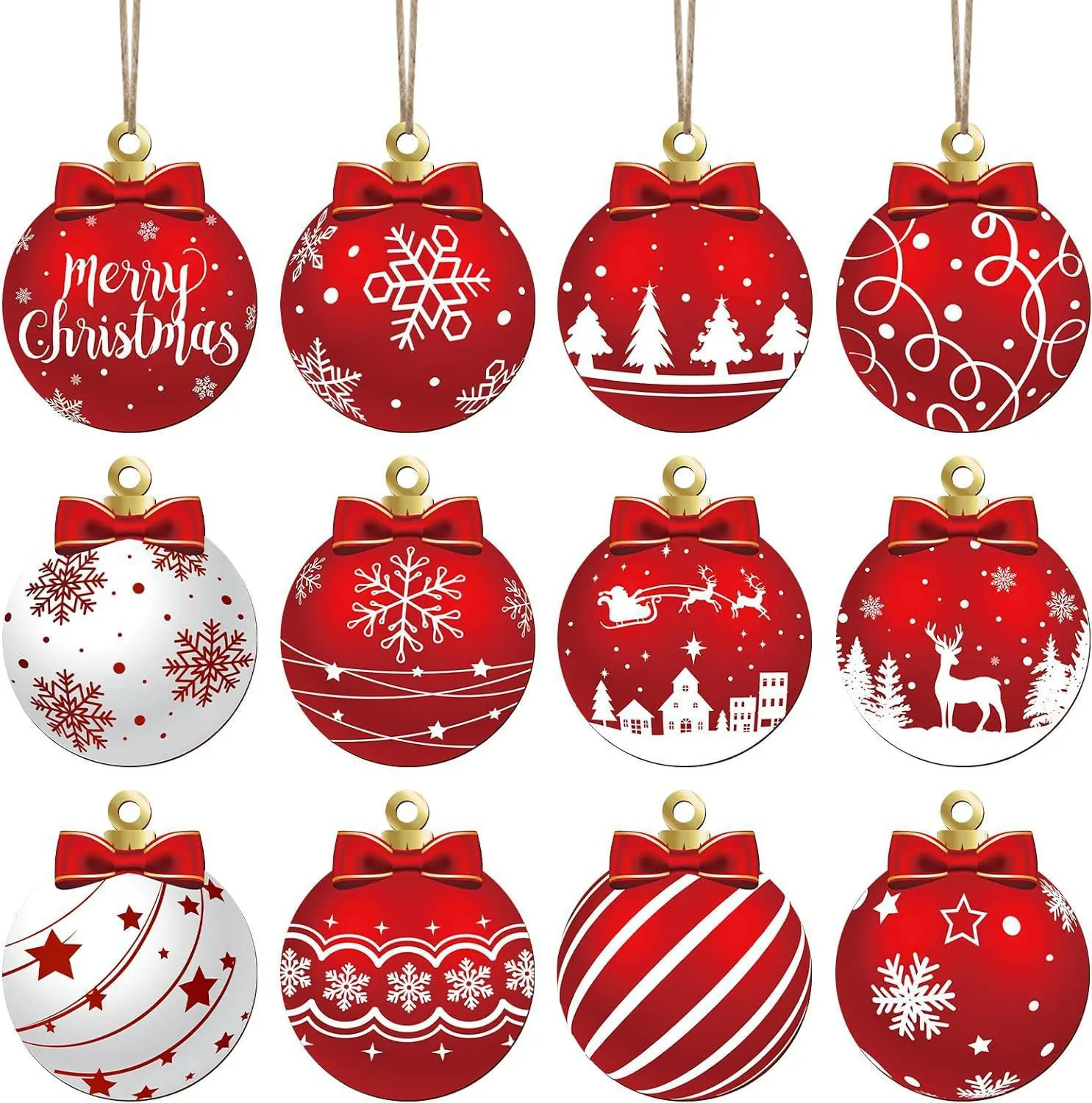 Wooden Christmas Ball Pendants Red And White Printed Xmas Tree Hanging Ornaments For Home Party Festive Decoration Accessories