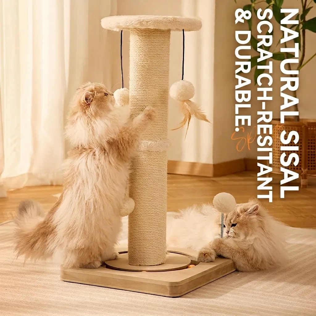 Cat Scratching Post Sisal Cat Tree With Track Ball Toy Hanging Feather Plush Platform Durable Wood Base For Indoor Cats