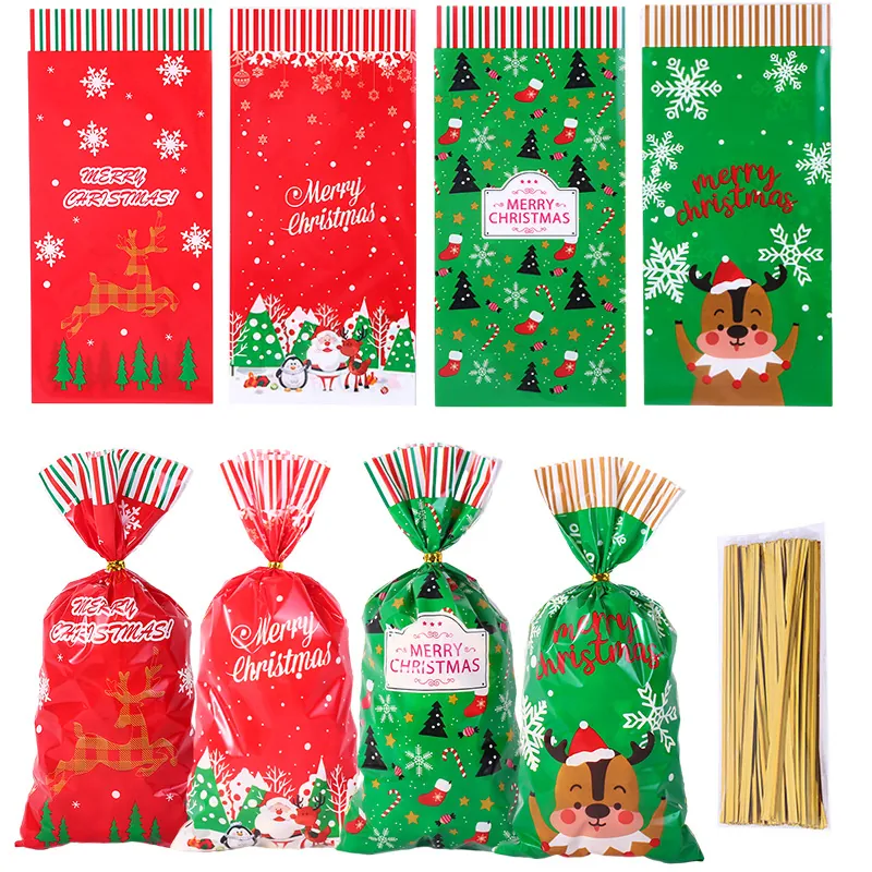 Sacchetti per Imballaggio di Caramelle Natalizie Babbo Natale Renna Fiocco di Neve Motivo OPP Sacchetti Regalo in Plastica per Biscotti Articoli per Feste Con Legacci