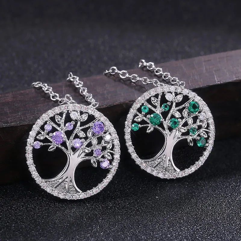 Tree Of Life Pendant Necklace Alloy Cubic Zirconia Hollow Round Encrusted Bohemian Jewelry For Women