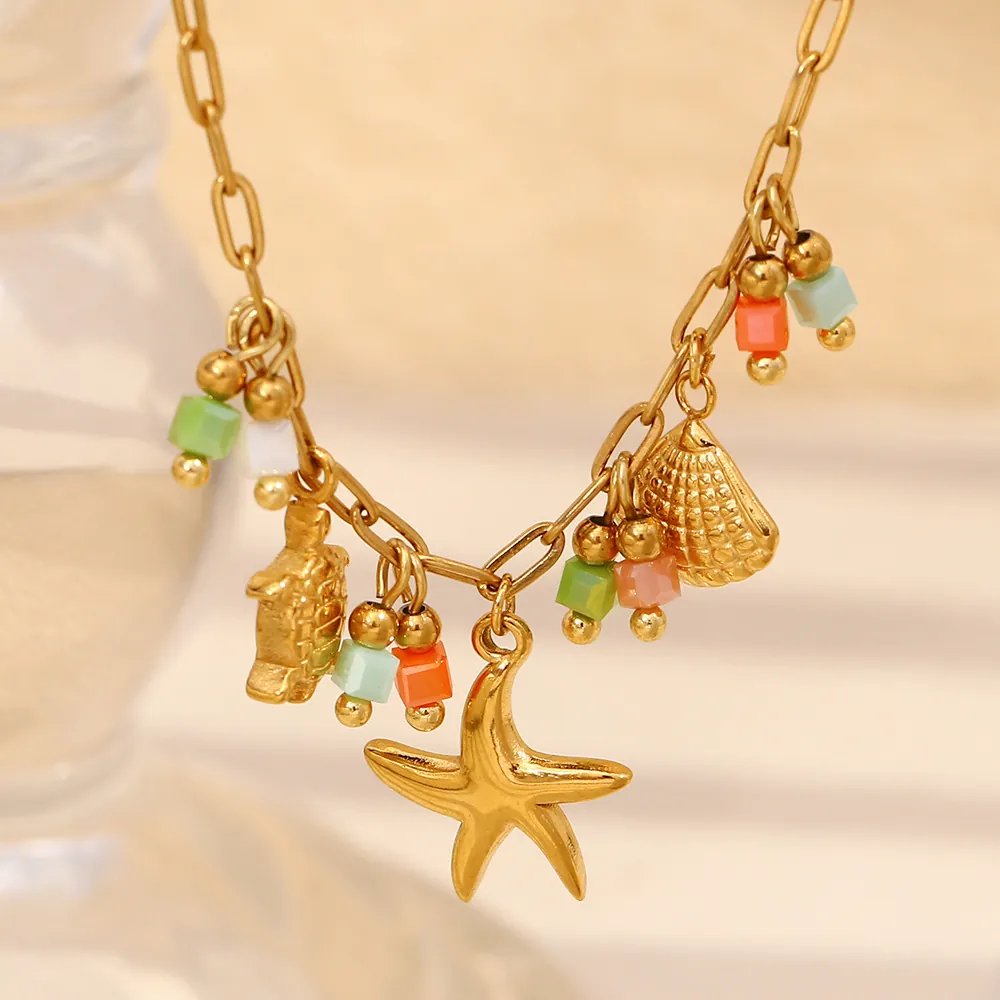 Collier À Pendentif Thème Océan Acier Inoxydable Plaqué Or 18K Tortue De Mer Étoile De Mer Coquillage Perles Colorées Style Plage Pour Femmes