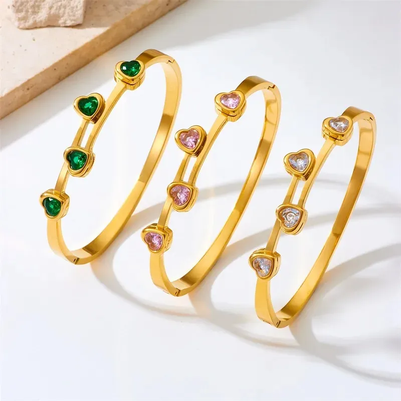 Heart Shaped Zircon Bangle Gold Plated Stainless Steel Elegant Fashion Minimalist Jewelry For Women Casual Style