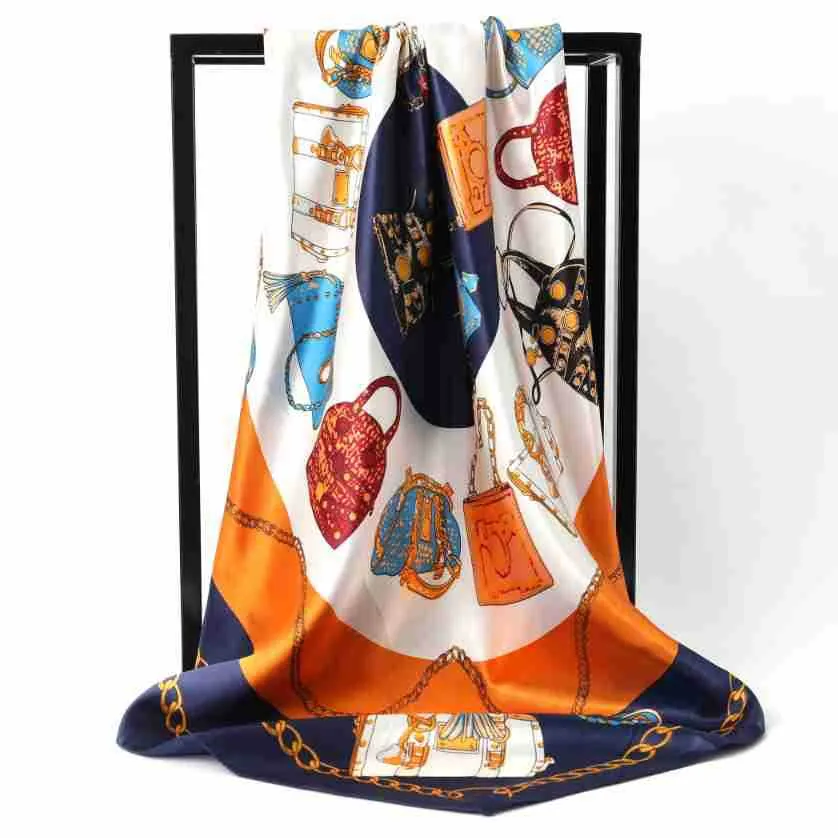 Women 90x90cm Printed Satin Square Scarf Luxury Handbag Chain Floral Pattern Large Shawl Wrap Elegant Fashion Hijab Scarf