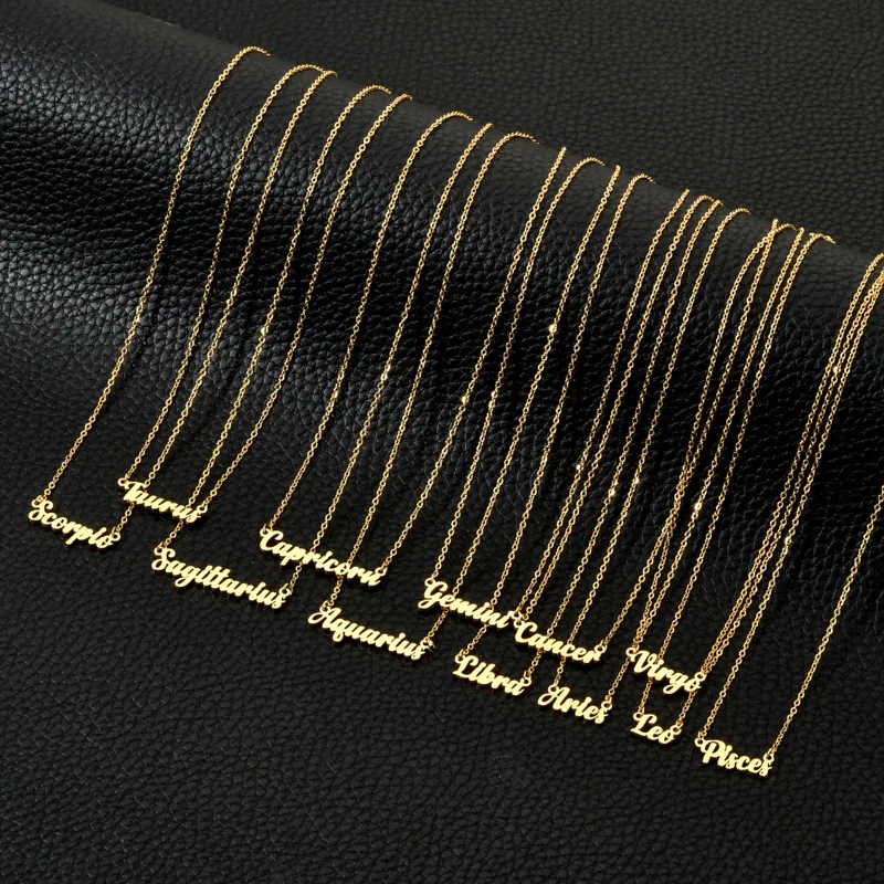 Zodiac Sign Necklace 18K Gold Plated Stainless Steel Script Letter Pendant Jewelry For Women Twelve Constellations Minimalist