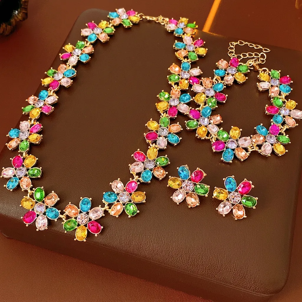 Colorful Rhinestone Flower Necklace Bracelet And Earrings With Silver Earring Post Vintage Luxury Jewelry For Women