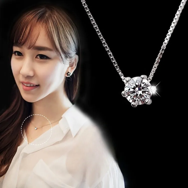 Minimalist Solitaire Pendant Necklace Silver Plated Round Zircon Six-Prong Crown Setting Box Chain For Women Elegant Jewelry