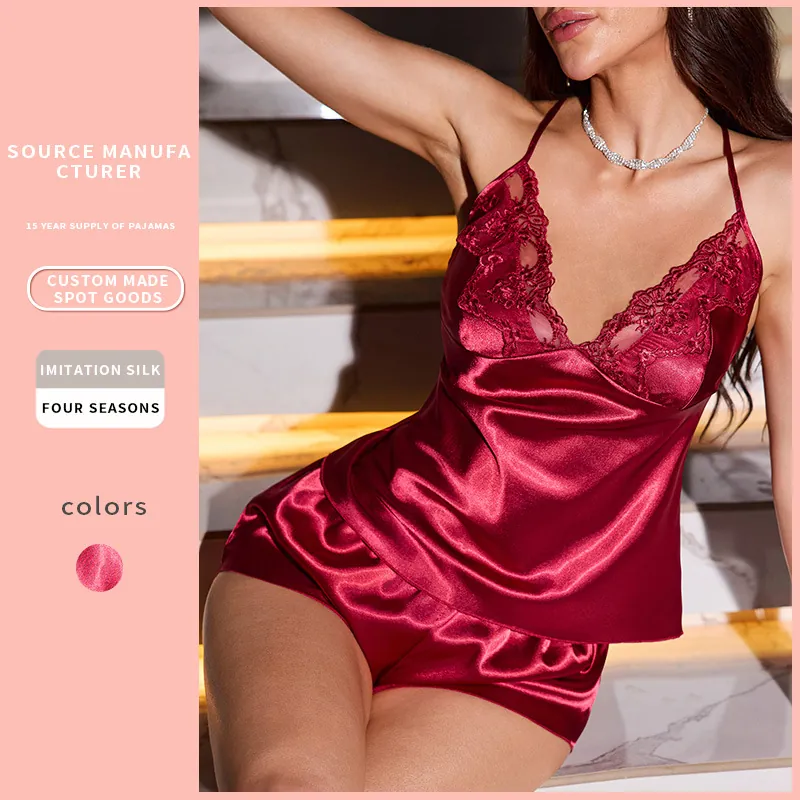 Pyjama Femme Camisole Et Short Satin Imitation Satin Dentelle Col En V Dos Nu Rouge Vin Vêtements De Nuit Été