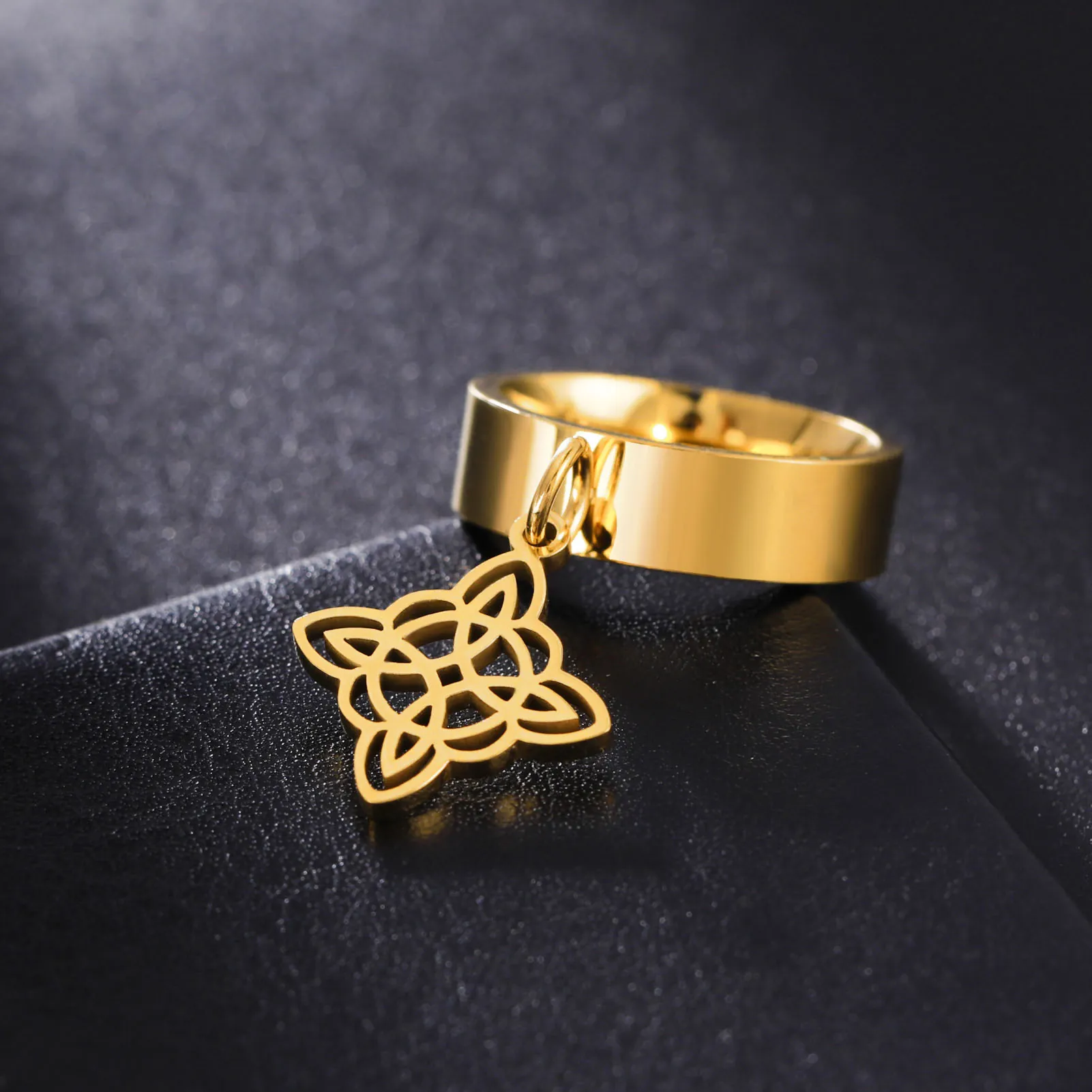 Stainless Steel Ring With Celtic Witch's Knot Dangling Pendant Wide Band Polished Fashion Jewelry For Women Men
