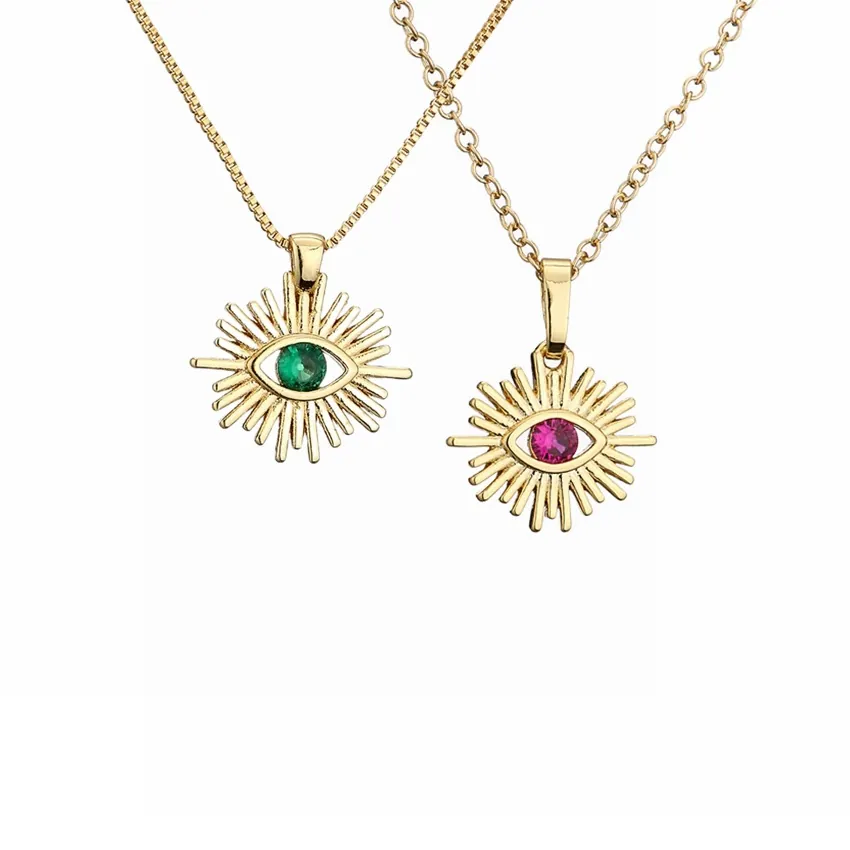 Collier Pendentif Mauvais Oeil Rayon De Soleil Cuivre Avec Zircon Micro Pavé Coloré Plaqué Or Bijoux Femmes