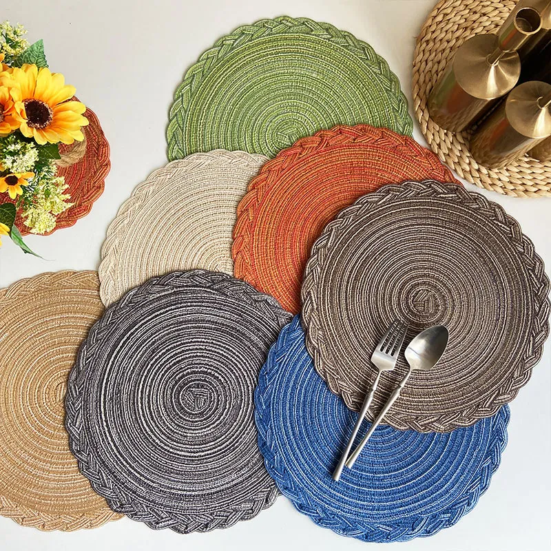 Round Braided Placemats Polyester Cotton-Like Yarn Heat Resistant Washable Scalloped Edge Table Mats For Dining Room Decor