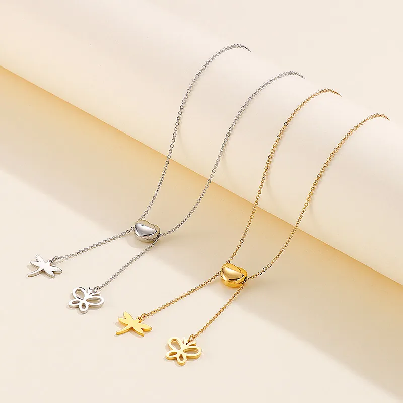 Collier Lariat En Forme De Y En Acier Inoxydable Avec Coeur Coulissant Pendentifs Papillon Et Libellule Pour Femme