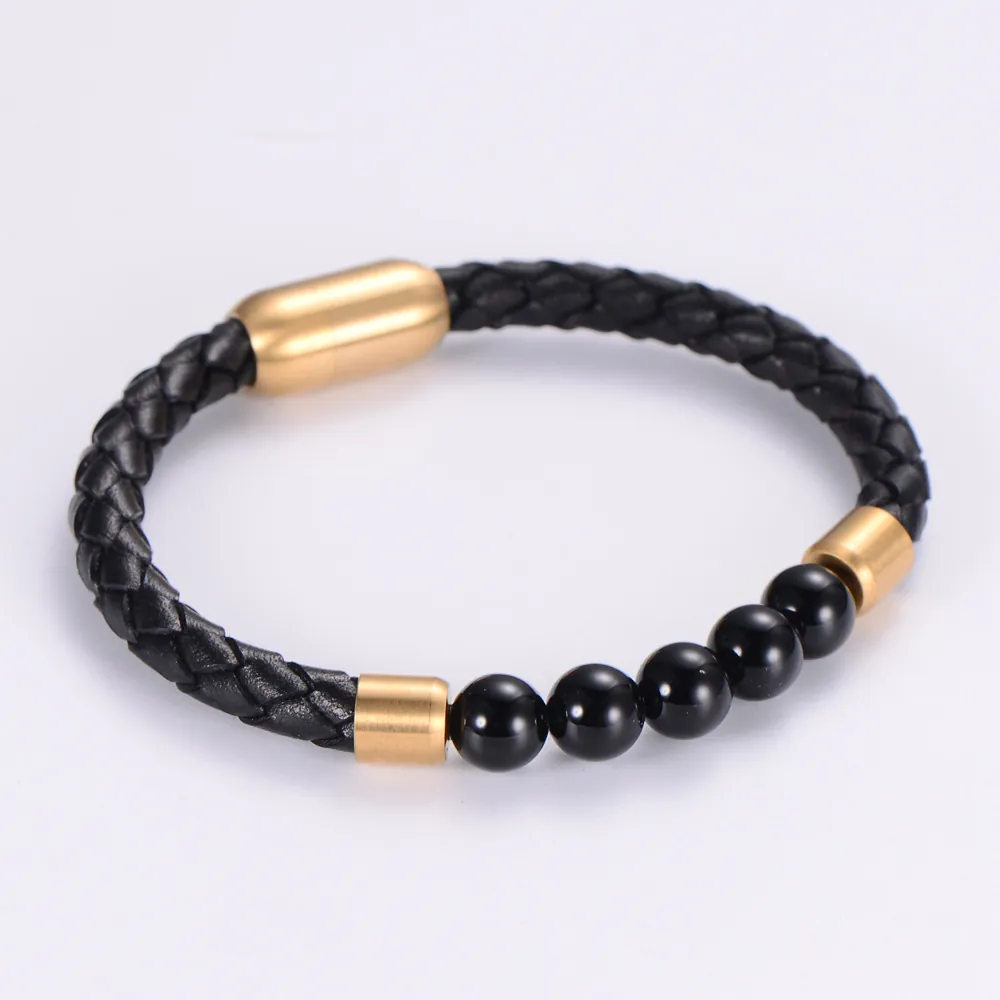 Bracciale In Pelle Intrecciata Con Chiusura Magnetica In Acciaio Inossidabile Perline Di Agata Nera Gioielli Retro Punk Regalo Uomo Donna