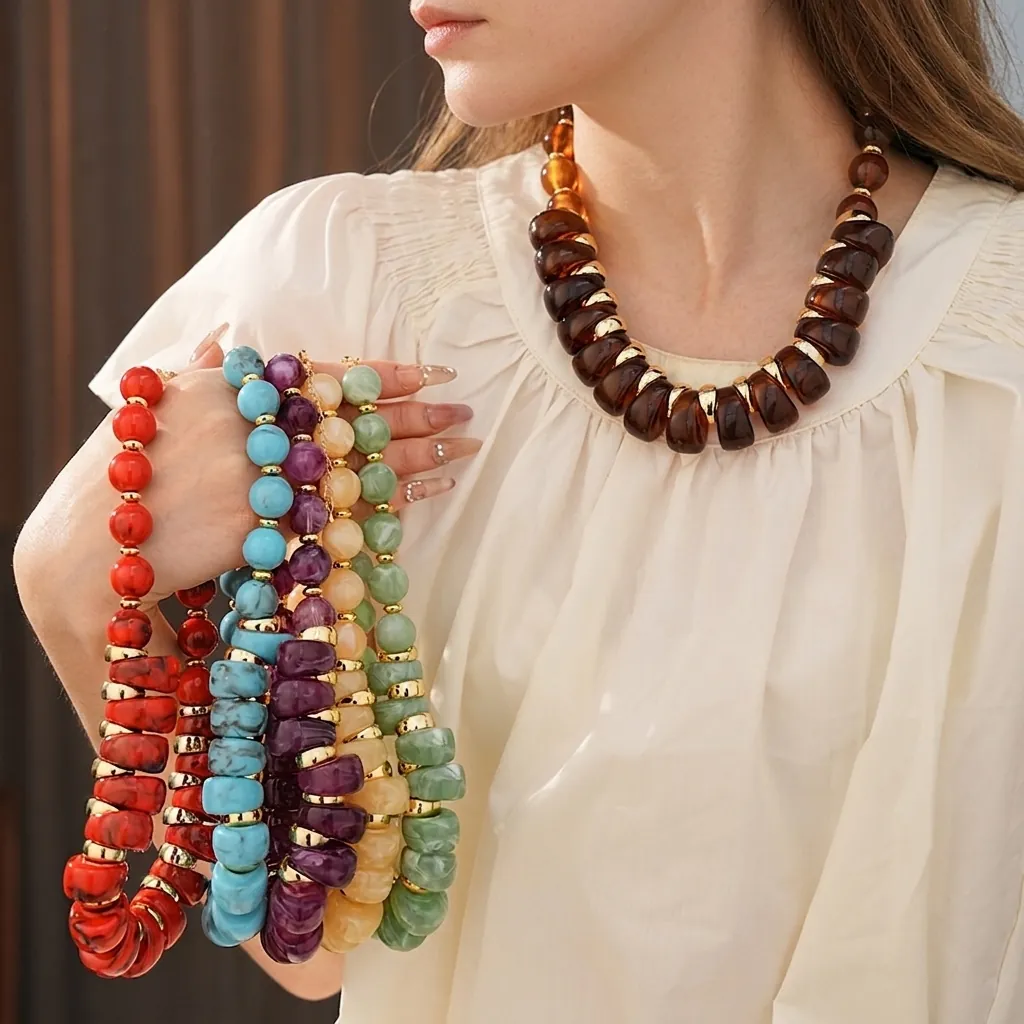 Collier À Pendentif En Perles Acryliques Vintage Style Bohème Ethnique Coloré Bijoux Déclaration Pour Femmes
