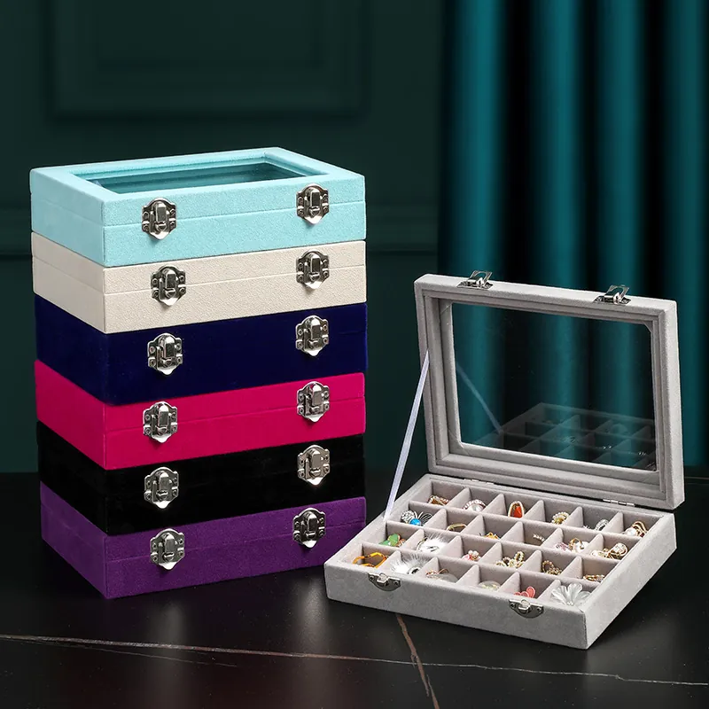 Velvet Jewelry Organizer Box With Transparent Glass Lid Multi Grid Display Case For Earrings Rings And Necklaces