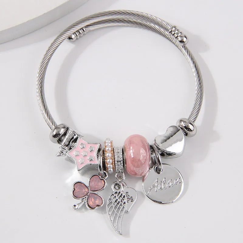 Stainless Steel Alloy Charm Bracelet Adjustable Wire Cable Heart Angel Wing Star Clover Beads Jewelry For Women