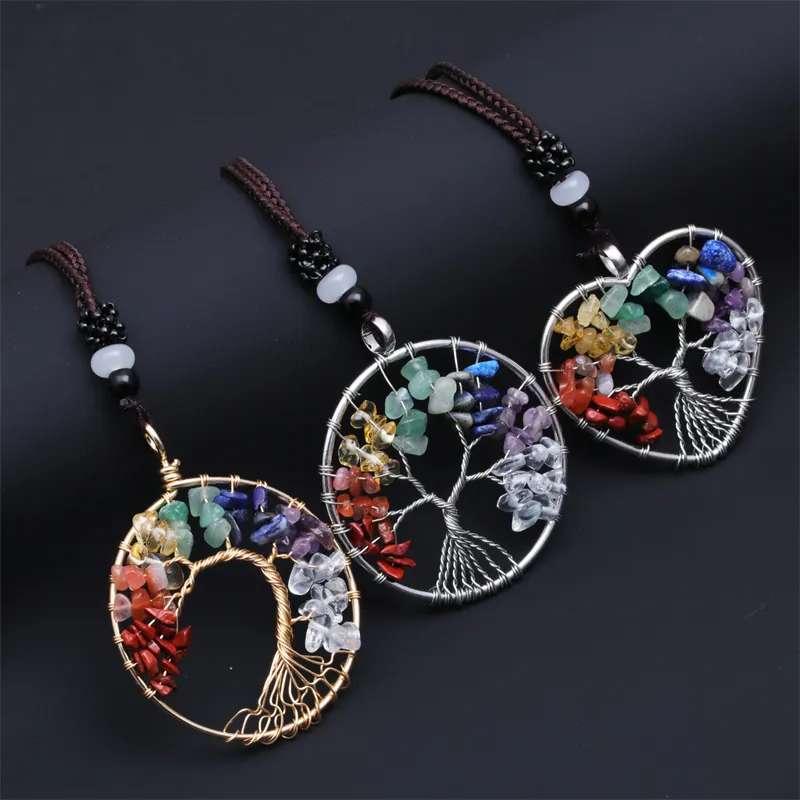 Collana Pendente Albero Della Vita Pietre Naturali Frantumate Filo Di Rame Avvolto Gioielli In Cristallo Chakra Per Donne