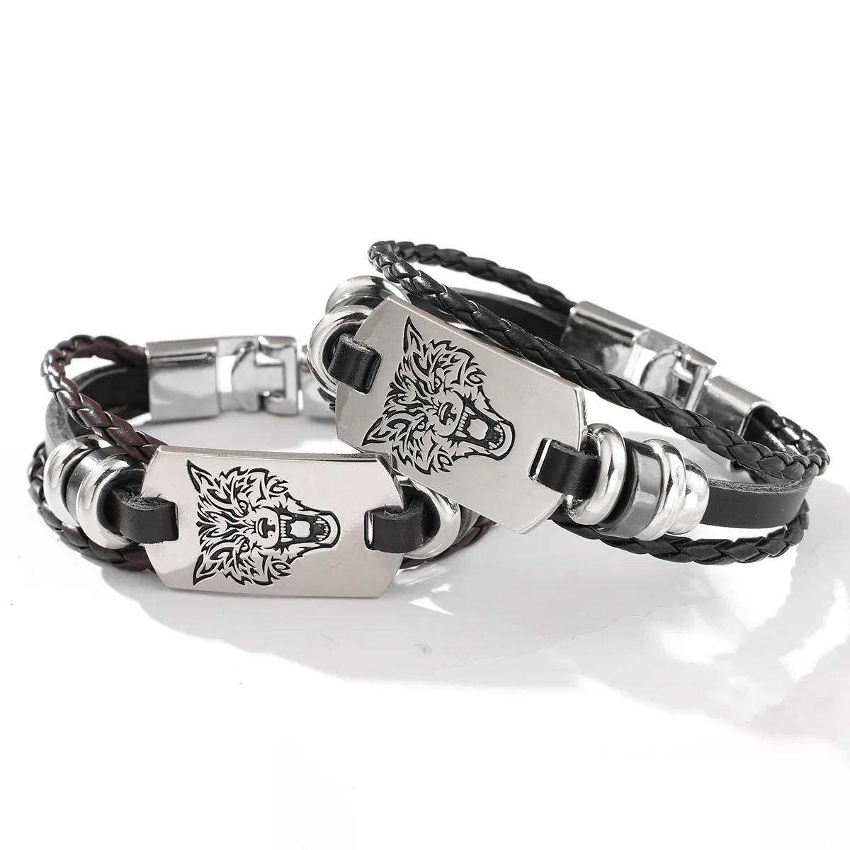 Herren Geflochtenes Lederarmband Mit Wolfskopf Totem Metallplatte Retro Punk Ethno Schmuck Geschenk