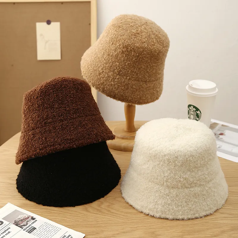 Women Winter Warm Bucket Hat Thick Plush Faux Lamb Wool Solid Color Soft Ear Protection Versatile Fisherman Cap
