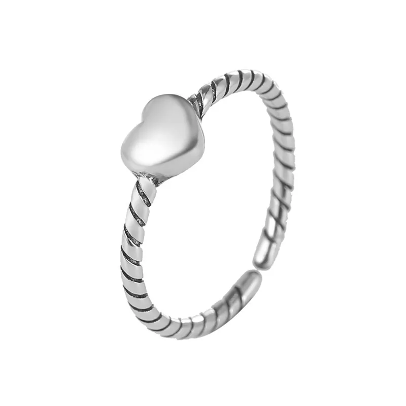 Minimalist S925 Sterling Silver Heart Ring Vintage Twist Braid Adjustable Thai Silver Open Ring For Women Fashion Jewelry
