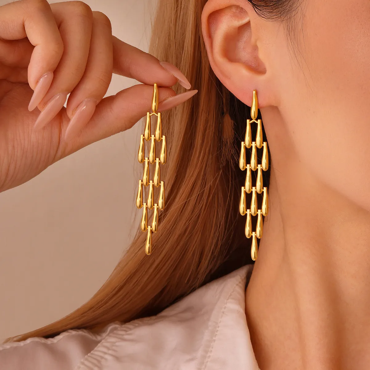 Long Tassel Drop Earrings 18K Gold Plated Stainless Steel Multi Layer Water Drop Minimalist Fashion Jewelry For Women