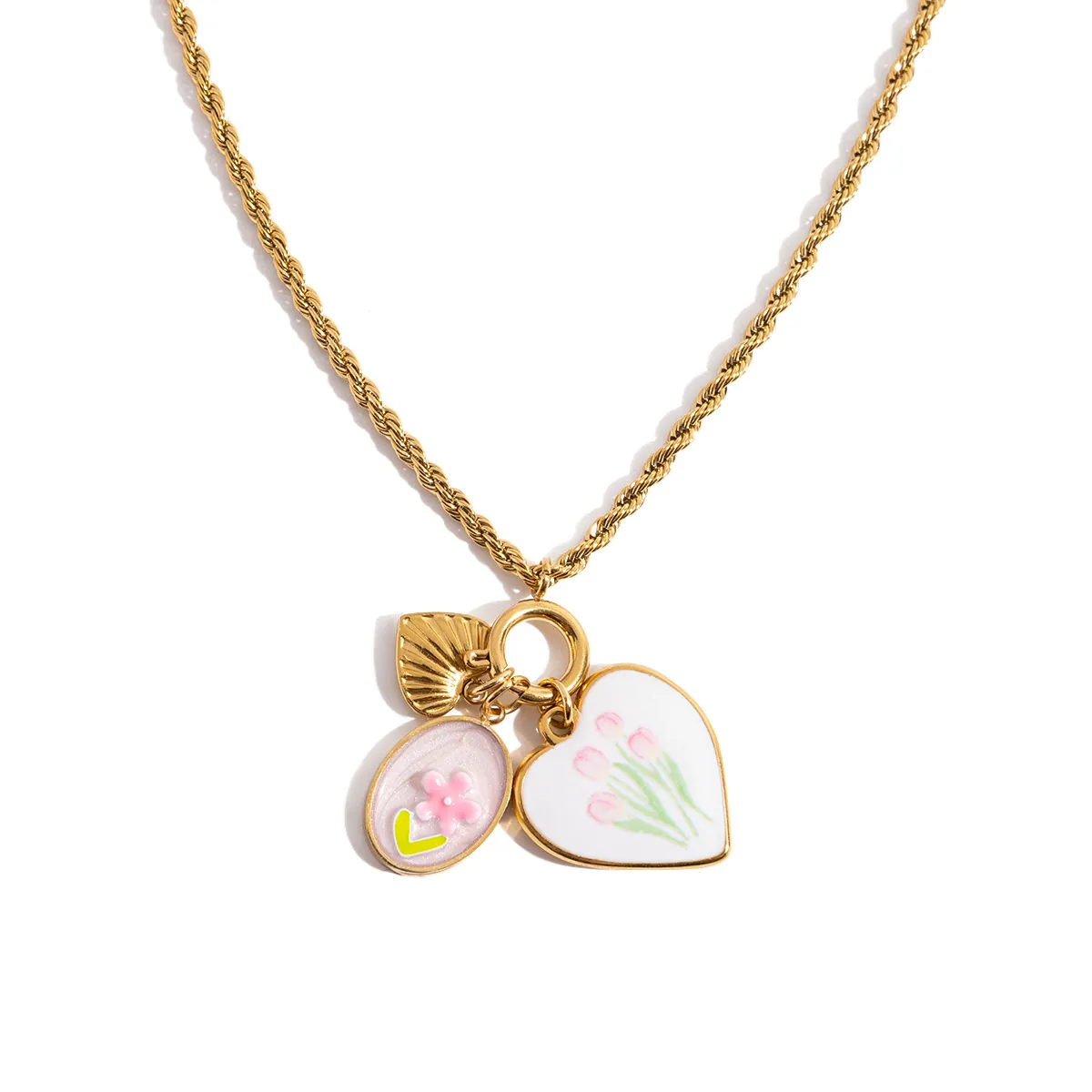 Collier Pendentif Cœur Acier Inoxydable Plaqué Or 18K Tulipe Fleur Émail Bijoux Romantique Pour Femme
