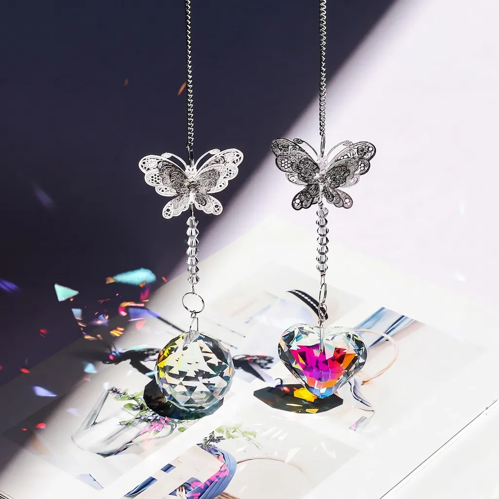 Crystal Butterfly Suncatcher Rainbow Maker Window Hanging Ornament AB Colorful Heart Ball Pendant Patio Garden Decor