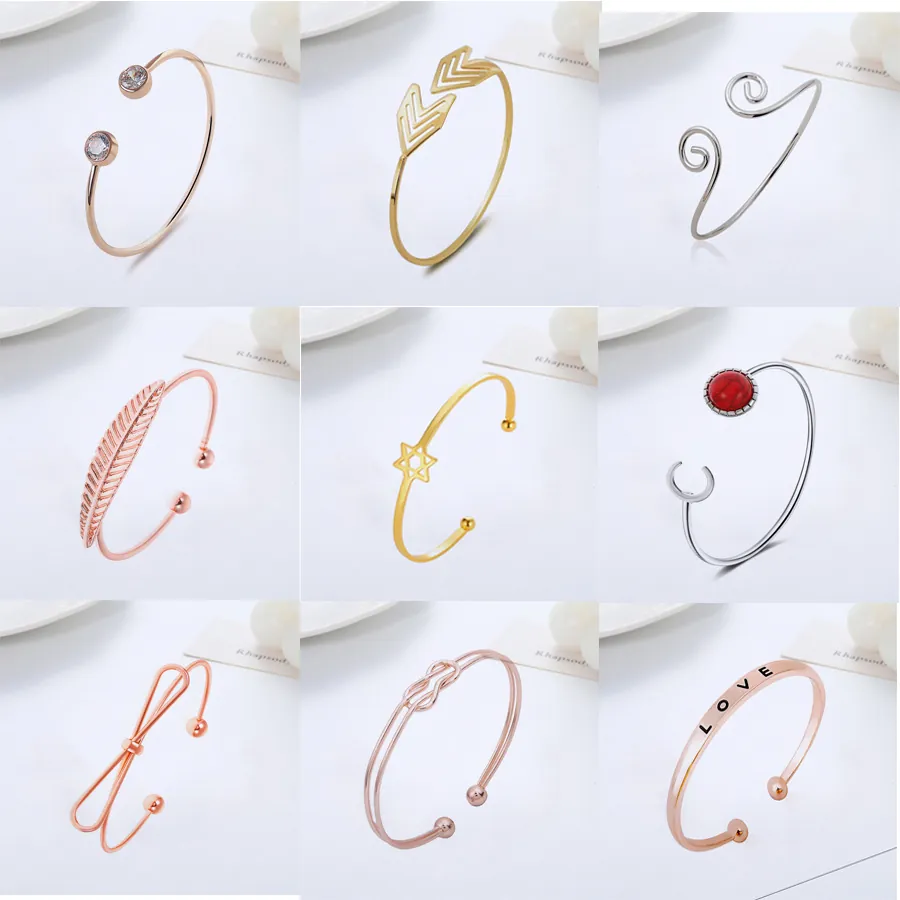 Adjustable Open Cuff Bracelet Alloy Geometric Leaf Bow Wing Heart Charm Bangle Fashion Jewelry For Women