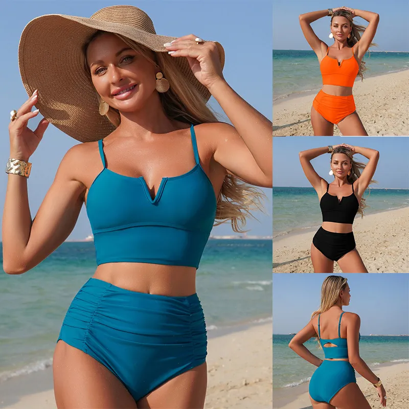 Women Bikini Top And High Waisted Ruched Bottom Nylon V Notch Neck Solid Color Sleeveless Beachwear