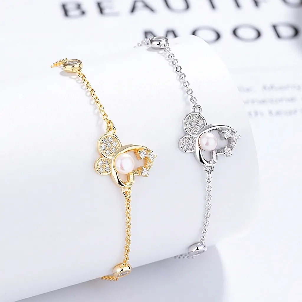 Butterfly Artificial Pearl Bracelet 925 Sterling Silver Cubic Zirconia Adjustable Elegant Jewelry For Women
