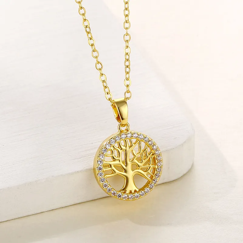 Tree Of Life Pendant Necklace Stainless Steel Round Hollow Zircon Inlaid Elegant Fashion Jewelry For Women