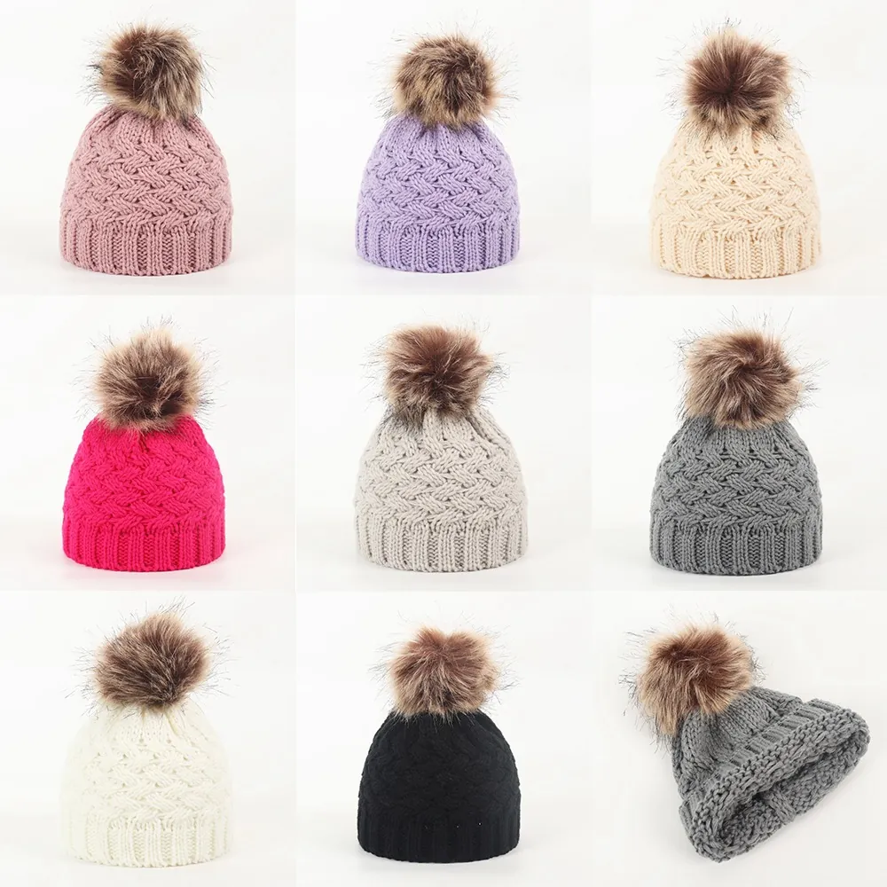 Baby Knit Beanie Hat Winter Warm Solid Color With Pom Pom For Infants And Toddlers Acrylic Soft Warm Cap