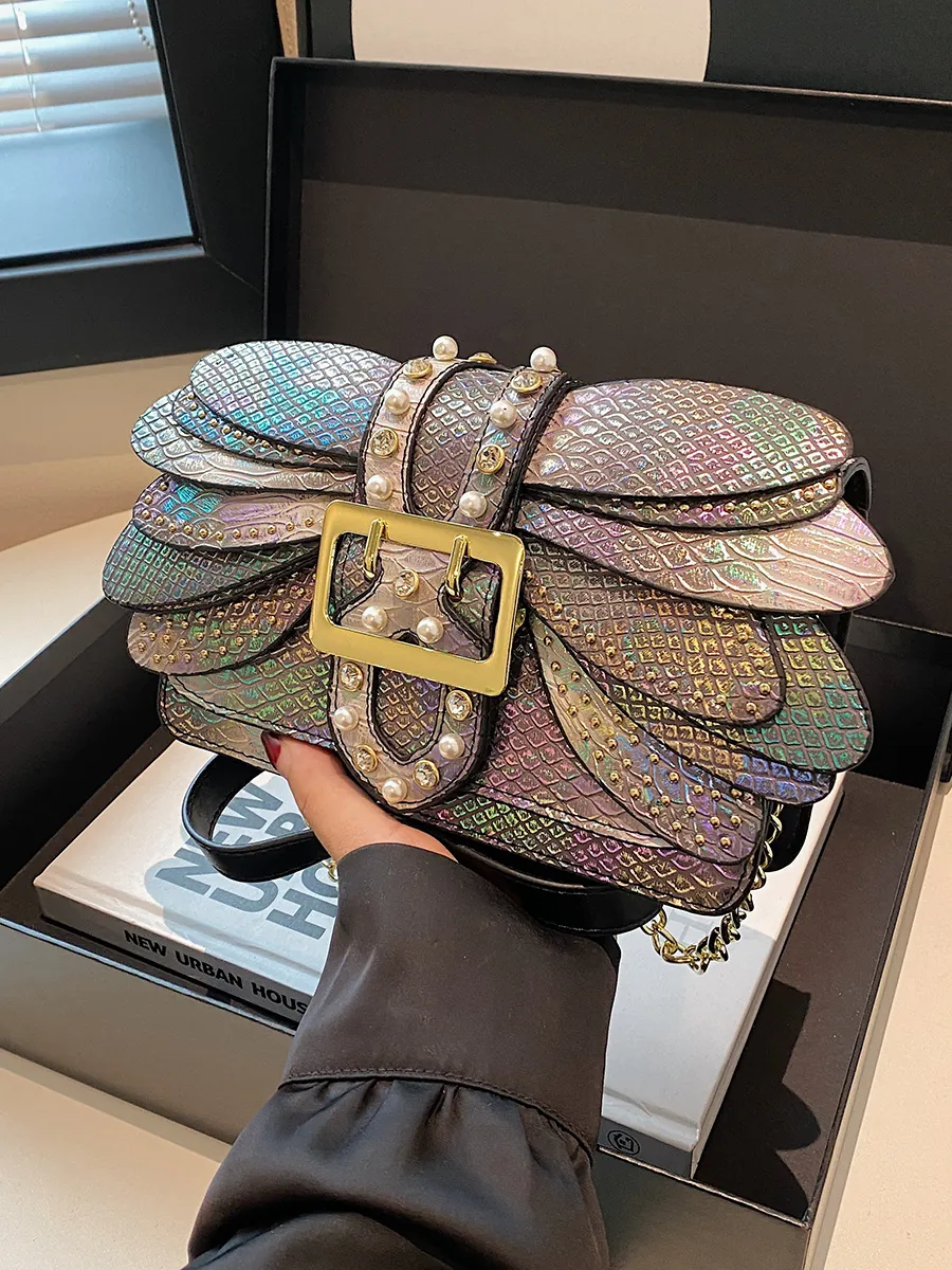 Iridescent Snake Pattern Crossbody Bag Butterfly Wing Design PU Leather Artificial Pearl Rhinestone Gold Chain Retro Square