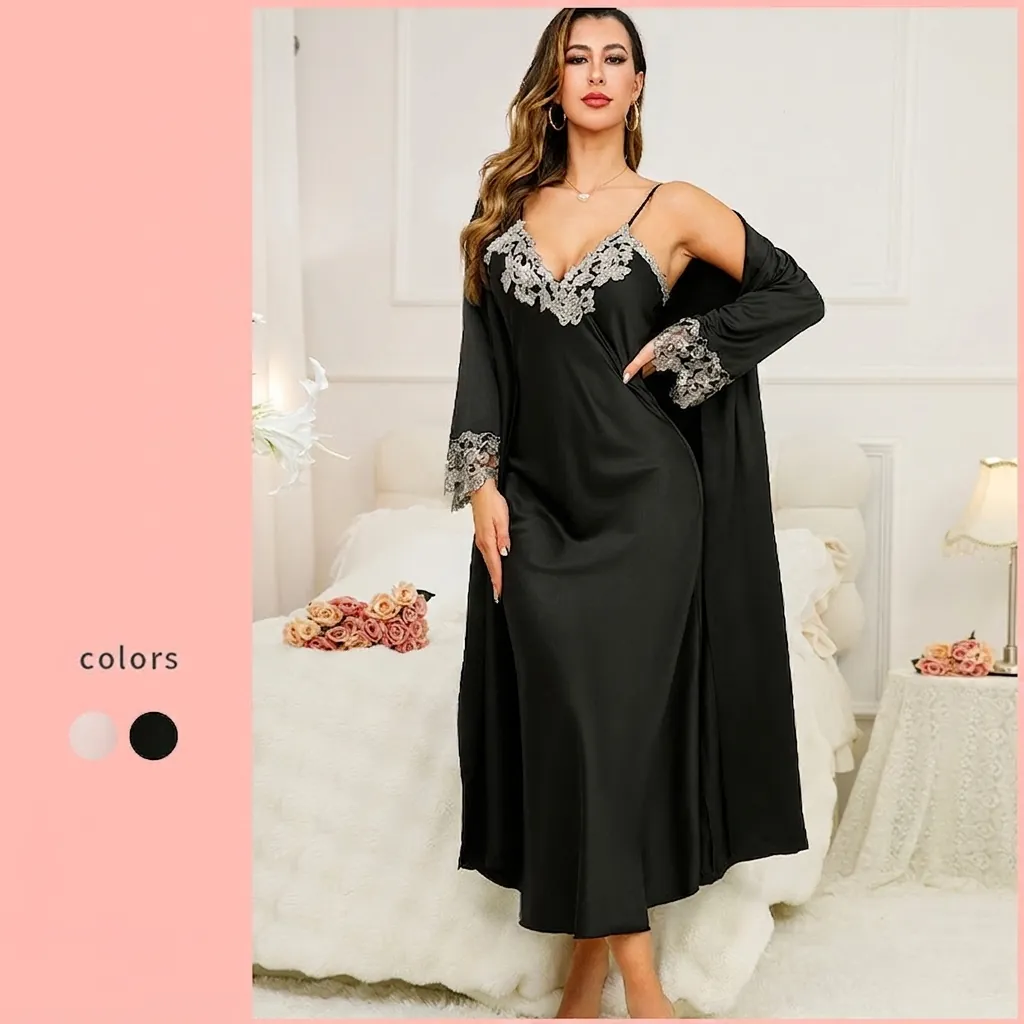 Women Imitation Satin Satin Pajamas Sexy Lace Trim Nightgown And Robe V-Neck Elegant Sleepless Home Wear