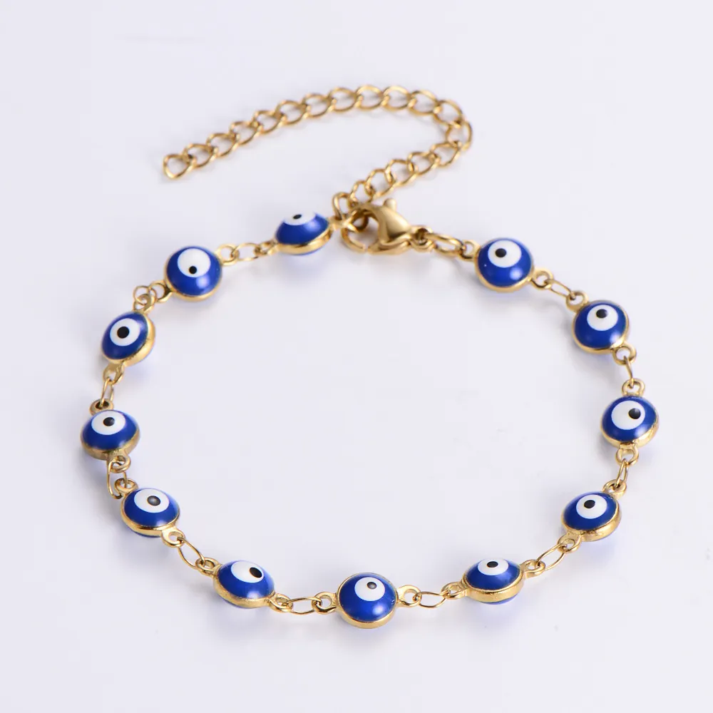 Evil Eye Bracelet 18K Gold Plated Stainless Steel And Enamel Round Beads Adjustable Chain Turkish Ethnic Jewelry Women