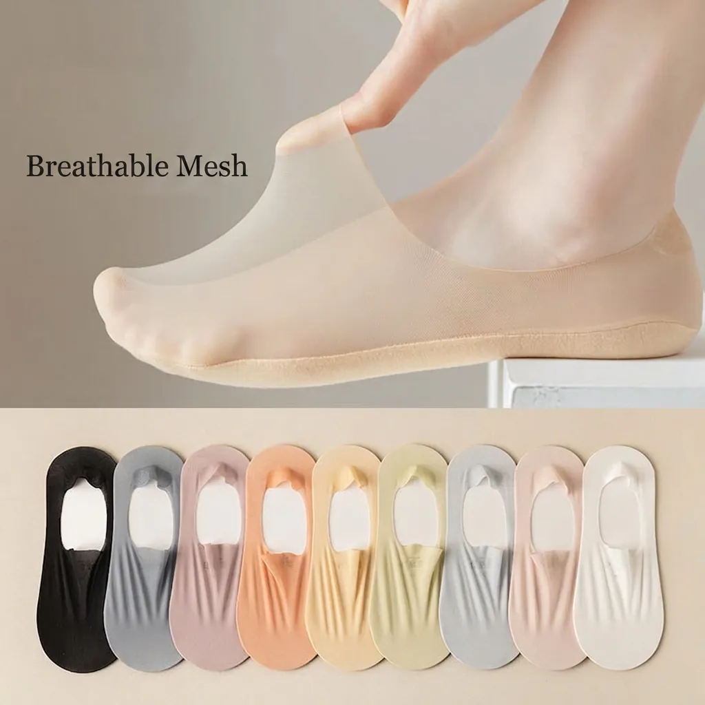Women No Show Socks Ultra Thin Ice Satin Mesh Breathable Anti Slip Seamless Cotton Sole Invisible Boat Socks