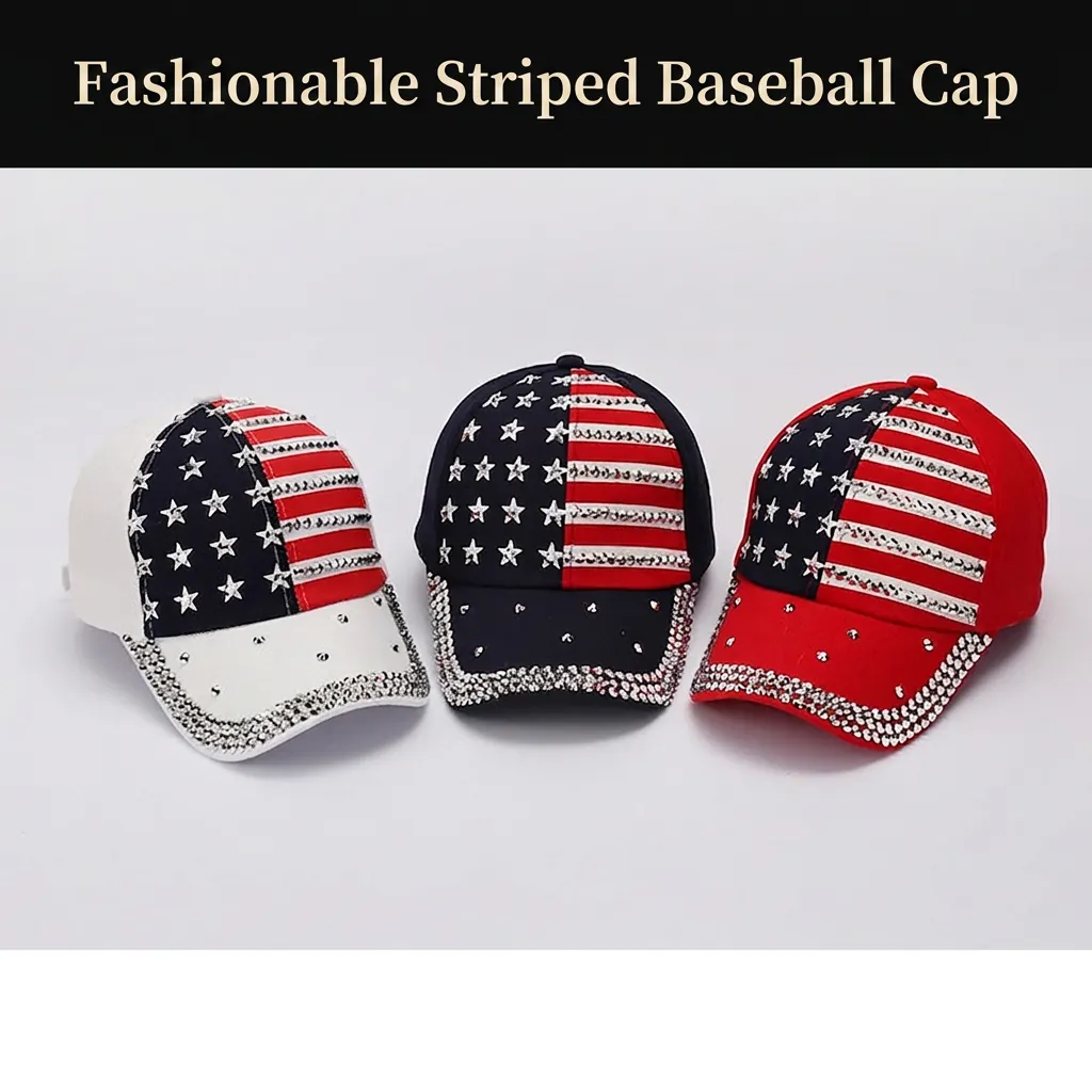 Rhinestone US Flag Baseball Cap Cotton Sunshade Hat For Women Men Adjustable Stars Stripes Printed Curved Brim Streetwear