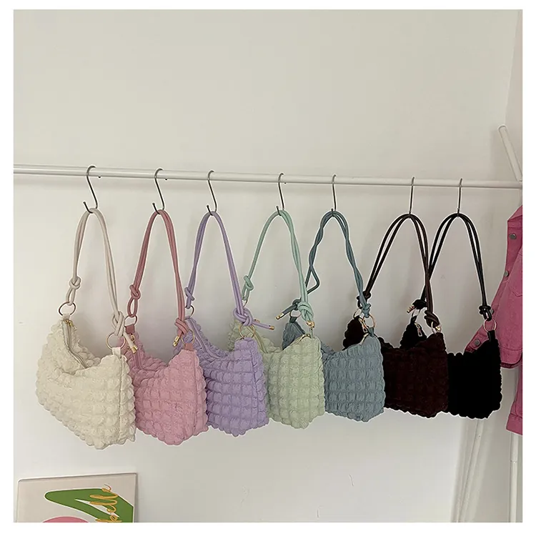 Women Bubble Texture Shoulder Bag Soft Pleated Nylon Underarm Purse Knotted Strap Fashion