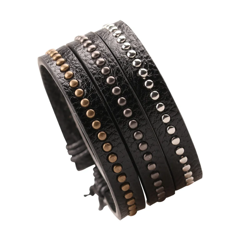 Punk PU Leather Bracelet For Men Single Row Alloy Rivet Adjustable Braided Rope Vintage Rock Wristband